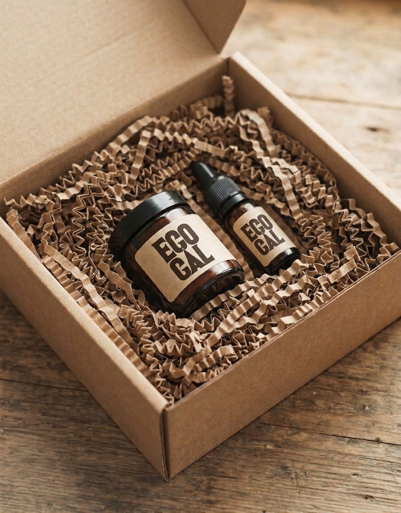 Boîte en carton kraft contenant deux produits Eco Cal dans une protection en papier recyclé